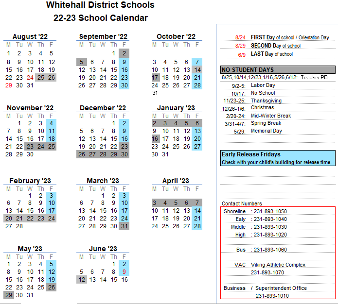 Whitehall District Schools Calendar 20242025
